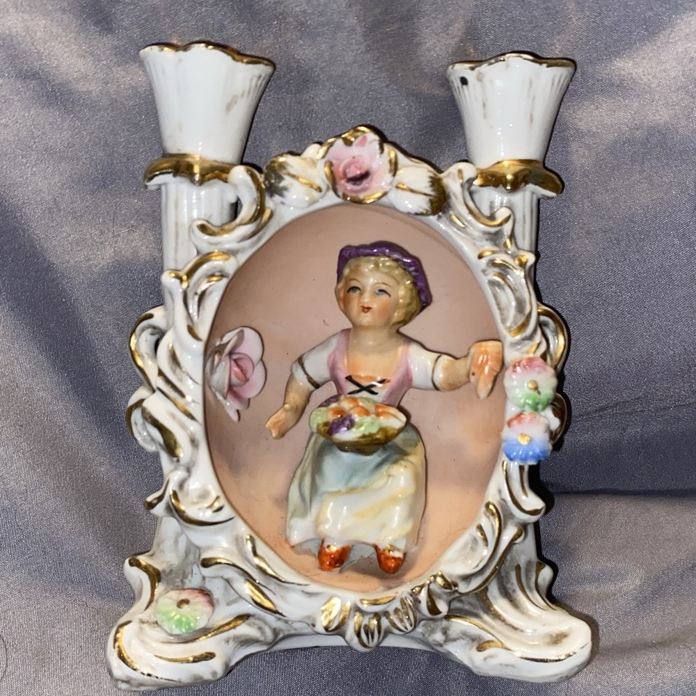 Vintage UCAGCO Ceramic 6" Dual Candle Holder - Girl Picking Spring Flowers